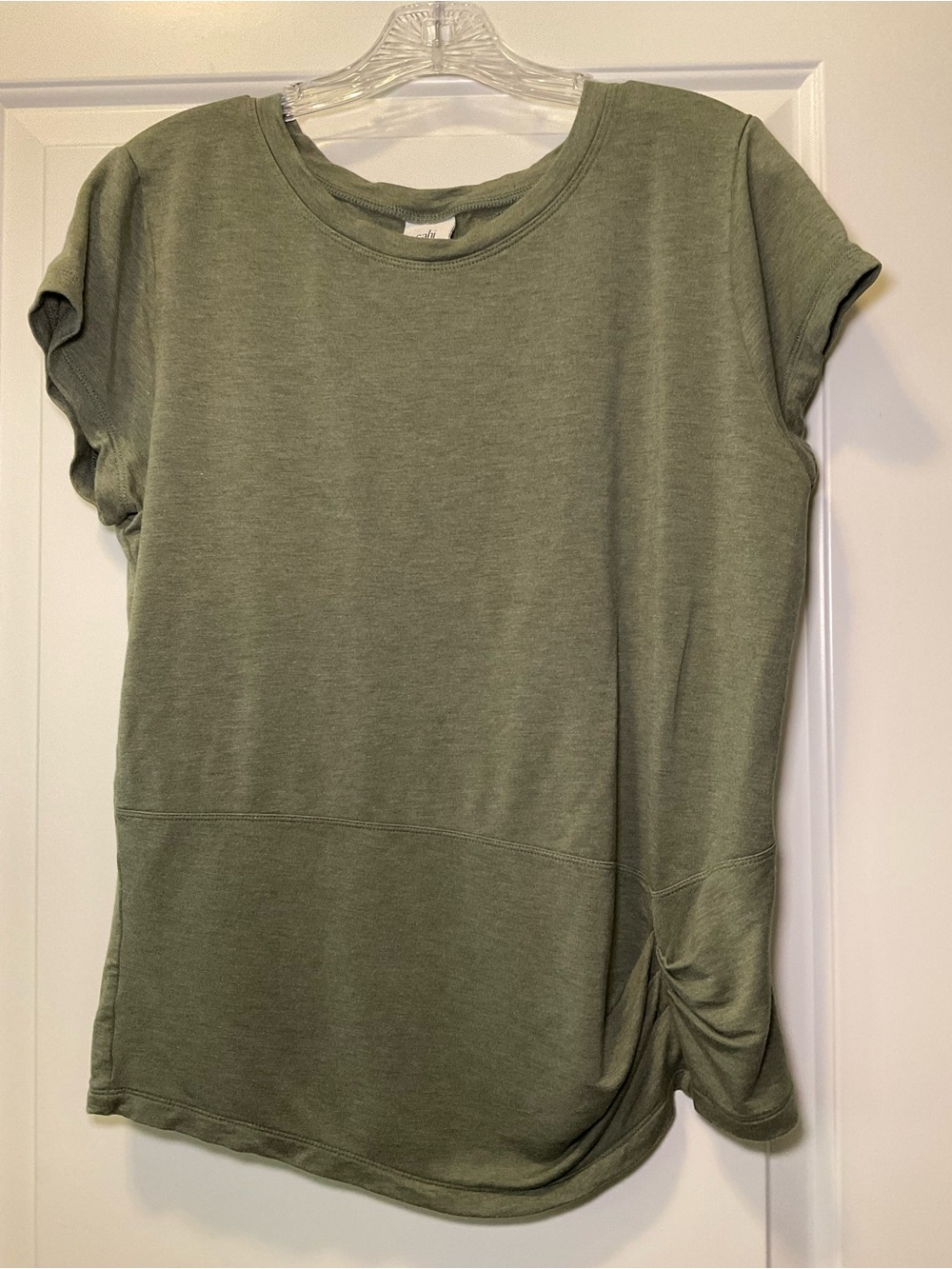 CAbi Olive Green Short Sleeve Side-Ruched Knit Top